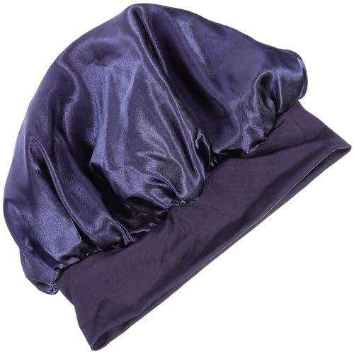 BUTIFULSIC Pure Color Elastic Stitch Satin Sleep Hat for Women with Ear Protection Bathing Cap Blue Practical Sleep Hair Bonnet for Night Use