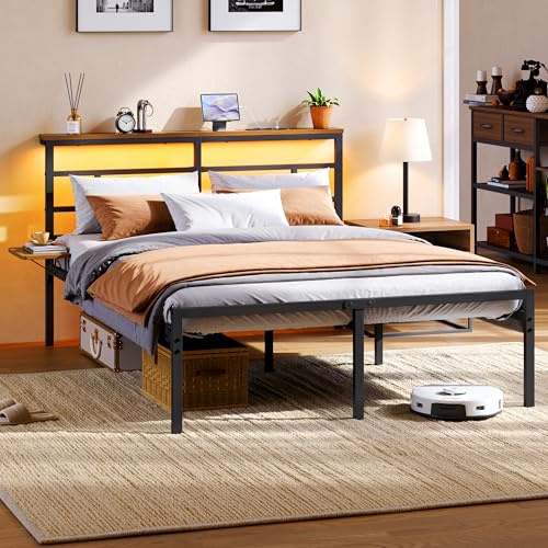 Yaheetech Bett 140×200 cm mit LED Beleuchtung & Ladestation (2 Steckdosen, 2 USB), Bettgestell mit Lattenrost aus Metall, Stauraum unter dem Bett, Doppelbett für Schlafzimmer, Gästezimmer