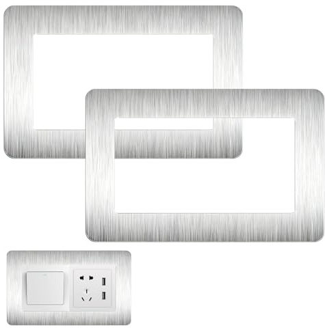 Double Socket Surround, Plug Socket Surround Plates for Quick Wall Repair, Child Safety Protection, Home Decoration Refresh, 2 Pack Silver Wall Plate Covers, 20.2 cm x 14.2cm