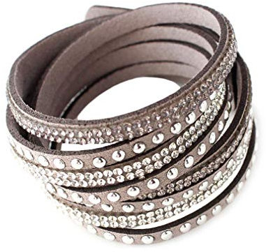 YAZILIND Leder Wickelarmbänder Strass und Muti-Color Perlen Stulpearmband, Charm Multilayer Armband Damen Schmuck Grau