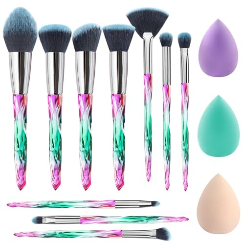 Makeup Brush Set Glamour Gaze 13Pcs Crystal Handles Makeup Brushes Sets Eyeshadow Eyebrow Foundation Brush Set With Makeup Sponge Blender Beauty and Brush Egg
