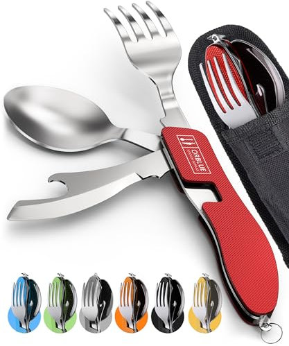 ORBLUE 4-in-1 Camping Cutlery Set 2-Pack – Stainless Steel Foldable Spoon Fork Knife Bottle Opener with Pouch – Portable Travel Cutlery & Camping Utensils for Hiking & Outdoor Use – Red