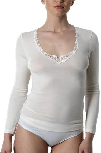 EMMEBIVI Canottiera Donna Manica Lunga in Lana E Seta con Inserti in Pizzo Capo Realizzato in Lana Merino Extra Fine. Disponibile nei Colori Bianco e Nero. (6, Bianca)
