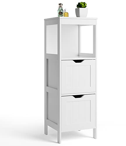 Mobile Mobiletto Bagno Arredo Arredamento Due Cassetti Scaffale Design Moderno Casa Salvaspazio Doppio Contenitore Ripiano Aperto Armadio Armadietto da Terra Legno Mdf Bianco Dimensioni 30x89x30cm