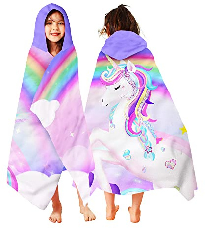 Unicorn Hooded Towel, Unicorn Beach Towel for Girls 30 x 50, Pink Rainbow Microfiber Absorbent Quick Dry Bath Swim Pool Towels Poncho Bathrobe with Hood for Kids Toddler