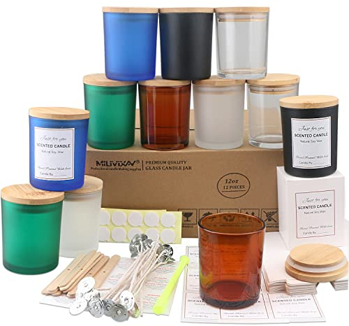 MILIVIXAY Set von 12 mehrfarbigen Glasgläsern mit 12 Unzen, Deckel und Kerzenherstellungssets, leere Glasgefäße für die Herstellung von Kerzen, Gewürz- und Pulverbehälter (Multicolor-01)