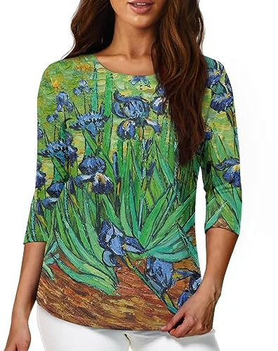 DISNIMO Irise Van Gogh Womens 3 Quarter Sleeve Fashion Crewneck Tops Blouse Casual Loose Comfy Shirt Workout Yoga Top Spring Fall Gym Sport Outfits Teen Girls Trendy Clothes Runing Hiking Clothing