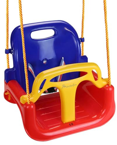 Montafox Kinderschaukel Babyschaukel 3 in 1 verstellbar mitwachsend Kinder Schaukel mit Rückenlehne Anschnallgurt, Farbe:bunt