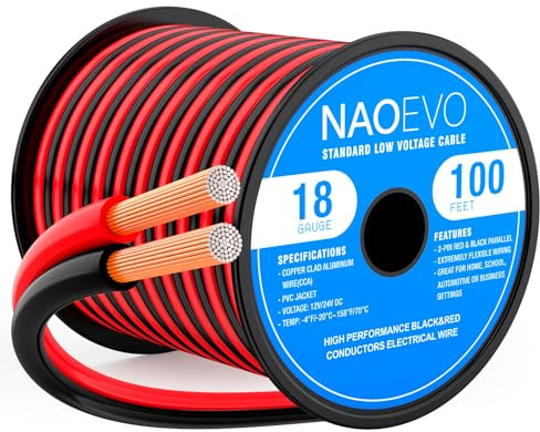 NAOEVO 18 Gauge Wire 100FT, 2 Conductors Electrical Wire Red Black Cable, Flexible/Low Voltage/PVC 18 AWG Copper Clad Aluminum Extension Cord for Speaker, LED Strips, Automotive 12V/24V DC