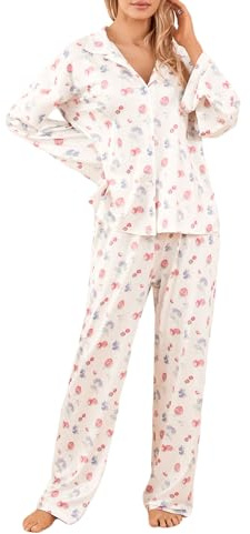 Yassiglia Women's Pyjama Sets Strawberry Print Button Down Long Sleeve Shirts Tops and Pants 2 Piece Loungewear Outfits Pjs Women's Nightwear Pyjamas for Women (White, L)