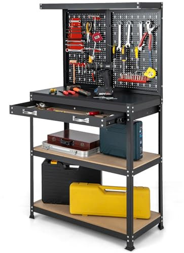 GYMAX Werkbank, Werkzeugbank mit Lochwand & Ablagefläche, Werkstatt Werktisch mit Schublade, Arbeitstisch mit Metallrahmen, bis 240kg belastbar, Werkstattbank für Lagerhäuser & Keller