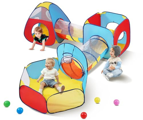 VEVOR 5 in 1 Kids Play Tent with Tunnel, Basketball Hoop for Boys, Girls, Babies and Toddlers, Indoor/Outdoor Pop Up Playhouse with Carrying Bag & Banding Straps Birthday Gifts, Red/Yellow/Blue