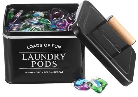 TOLIDA Metal Laundry Pods Container with Lid - Black Square Storage Box for Laundry Pods, Detergent Pods Holder for Laundry Room, Metal Storage Container for Washing Pods, bath Bombs