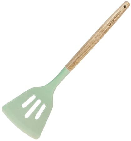 Fackelmann Ocean Espátula Ranurada, Espátula de Silicona con Núcleo Rígido de Acero, Mango Antideslizante de Madera con Certificado FSC, 27 x 4 cm, Verde Agua, 1 ud