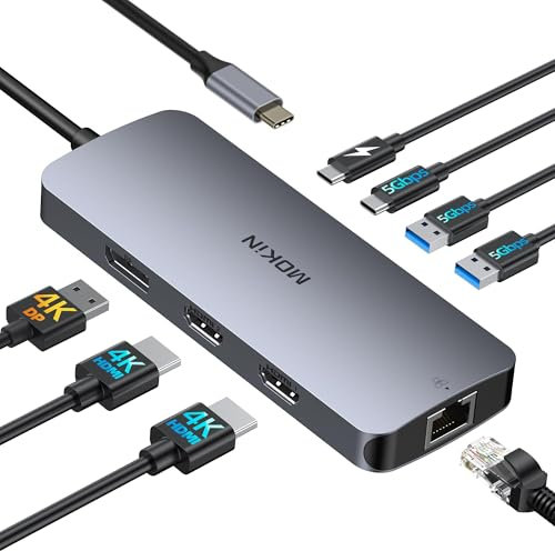 MOKiN USB C Docking Station - 3 Monitor Hub with 2 HDMI, 4K DisplayPort, 1Gbps Ethernet, 100W PD Charging, 3 USB A/C 3.0 Ports for MacOS/Dell XPS/HP/Lenovo/Surface