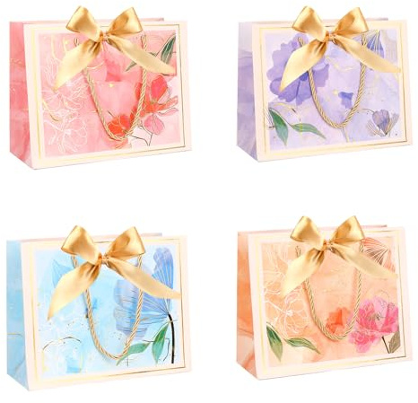 4pcs Medium Gift Bagss with Ribbon for Present,Multi Flower Printed Gift Bags with Handles for Birthday Valentine's Day Momther's Day Wedding Christmas Holiday Presents (Multi 1, Medium)