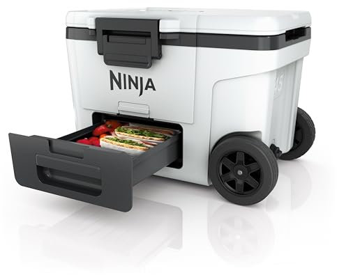 Ninja FrostVault Kühlbox mit Rollen und Isolierung, integrierter Dry Zone Schublade für Lagerung bei Kühlschranktemperatur, hält EIS tagelang, bietet Platz für bis zu 68 Dosen, Wolkenweiß, FB245EUWH