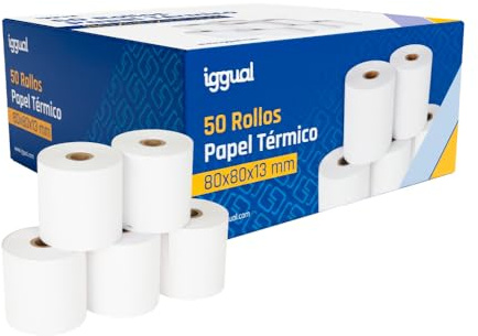 iggual - Rollo de Papel Térmico 80x80x13 para Ticket Impresora Tpv, Caja Registradora, Epos. El papel no Contiene Bisphenol A (BPA), Pack: 50 Unidades.