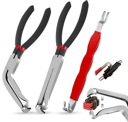 3-Piece Electrical Disconnect Pliers Set – Automotive Connector Removal Tool for Fuel Line, Hose & Push-Tab Plugs (1*Red60°+1*Red Straight+1*Red Separator)