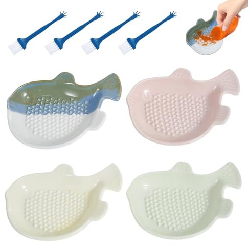 4 grattugia in ceramica con pennello, 12 x 9 x 3 cm, a forma di pesce, in ceramica, con denti duri, per zenzero, lavabile in lavastoviglie, per aglio, carote, mele, patate, formaggio