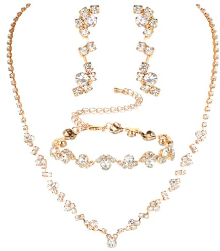 Telooco Strass Brautschmuck Gold Hochzeitsschmuck Damen Elegante Hochzeit Schmuck Set Wellen Halskette Ohrringe Armband Modeschmuck Kristall Schmuckset für Abschlussball Hochzeit Party