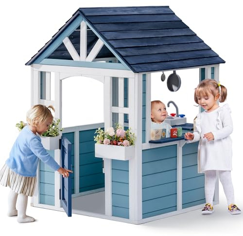 ROBUD Wooden Playhouse, Outdoor Kids Playhouse with Sink, Stove, Cookware, Flowerpot Holders, Snack Bar, Cottage Play House for Backyard, Blue
