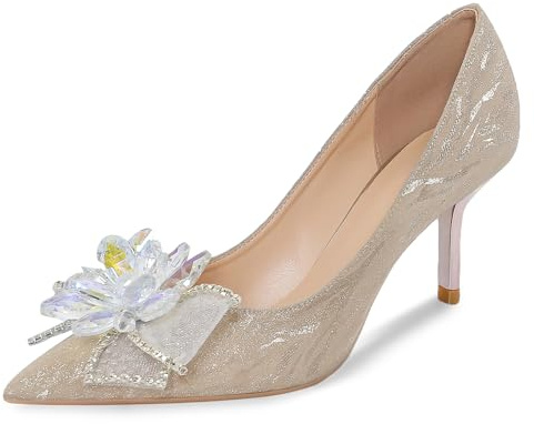 Escarpins à Talon Aiguille à Fleurs Cristal pour Femme - Bout Pointu Scintillant pour Mariage et événements Formels,Gold 6cm,40 EU