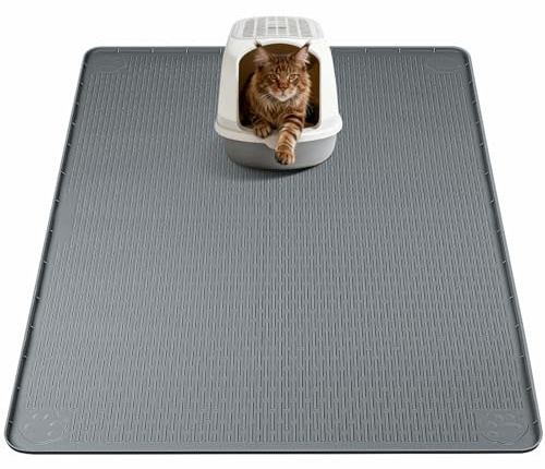 Bartuke Tapis de litière pour chat - Grande taille - 101 x 101 cm - En silicone pour contrôler la litière - Doux pour les pattes de chat - Facile à nettoyer - Gris foncé