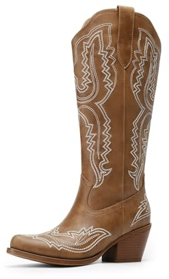 DREAM PAIRS Knee High Cowboy Western Boots for Women,Brown,9