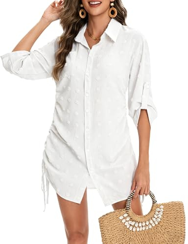Vestido de Playa Mujer Camisas de Manga Larga Suelta Blusa con Botón Verano | Vestido de Playa con Cuello en V, Jacquard a Lunares, Mangas 3/4, Botonadura y Bolsillos