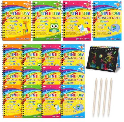 16 Scratch Pictures for Children, Magic Rainbow Scratch Book with Wooden Pens and Painting Stencils for Drawing and Crafts, Party Bags, Children's Birthday Scratch Book, Painting Set Children's