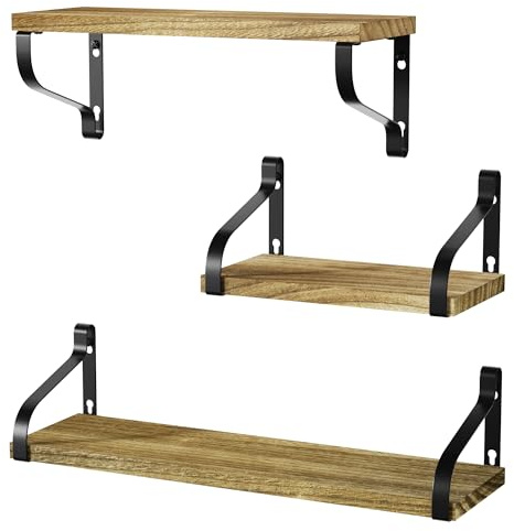 Love-KANKEI Floating Shelves Wall Mounted Set of 3, Rustic Wood Wall Storage Shelves for Bedroom, Living Room, Bathroom, Kitchen, Office and More Carbonized Black