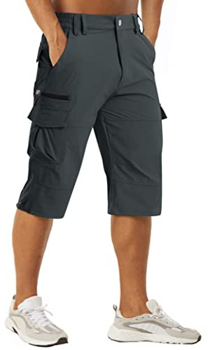 MAGCOMSEN Herren Cargo Shorts 3/4 Outdoor Sommerhose Multi Taschen Leicht Capri Hose Herren Atmungsaktiv Radhose Atmungsaktiv Kurz Arbeitshose mit Stretchbund Dunkelgrau 36
