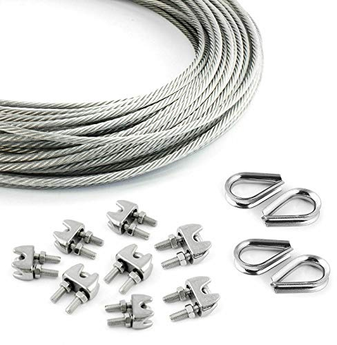 DQ-PP stållina SET | 4 mm | 40 m | 8 x linsklämmor 4 mm | 4 x byte 4 mm | Rostfritt stål INOX | 7 x 7 medium mjuk | trådrep för rankhjälp rostfri rep ståltråd skogsrep spännlina terrängrep