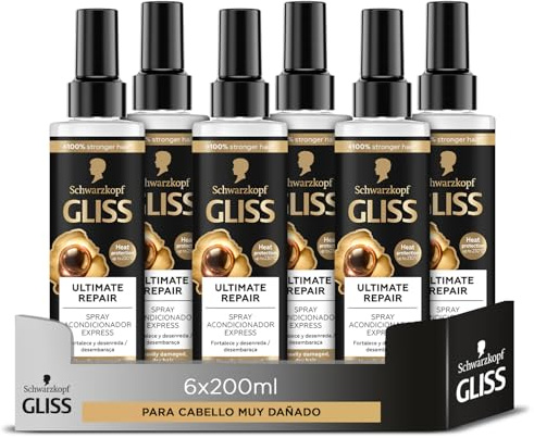 Gliss Acondicionador Bifásico Sin Aclarado Express para pelo muy dañado con Keratina Líquida, Ultimate Repair, 6uds de 200ml (1.200ml), Gama ultra reparación