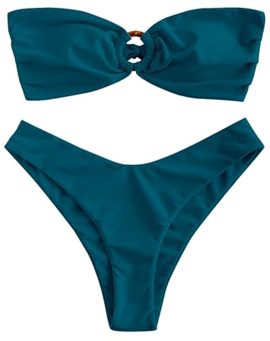 ZAFUL Women's Bandeau Bikini O Ring Strapless Tie Back High Cut Two Piece Swimsuit Bathing Suits (1-Peacock Blue, S)