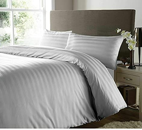 RAYYAN LINEN Juego de ropa de cama con funda nórdica de satén a rayas, 100 % algodón egipcio, 400 hilos, calidad de hotel de lujo con fundas de almohada (Gris plateado, cama Super King Size)