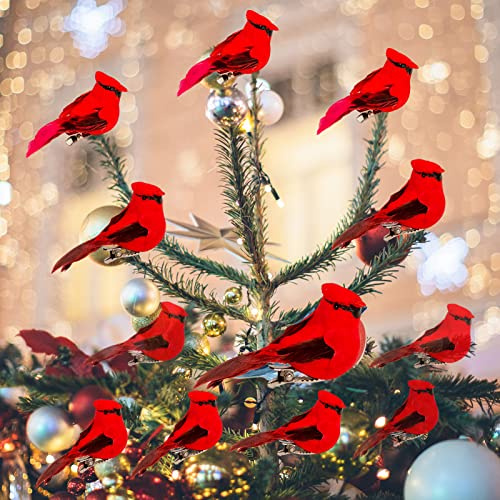 Berfutall-Cardinal Clip On Christmas Tree Ornament Decorations - Red Feathers Set of 12 Pieces Each is 2.8 Lon(A)