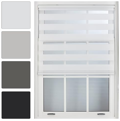 FURNISHED Stores enrouleurs Jour et Nuit - Stores enrouleurs Zebra Blind Dim ou Translucides Vision pour fenêtres et Portes - Tissu Double Couche, Blanc, 180W x 210H cm