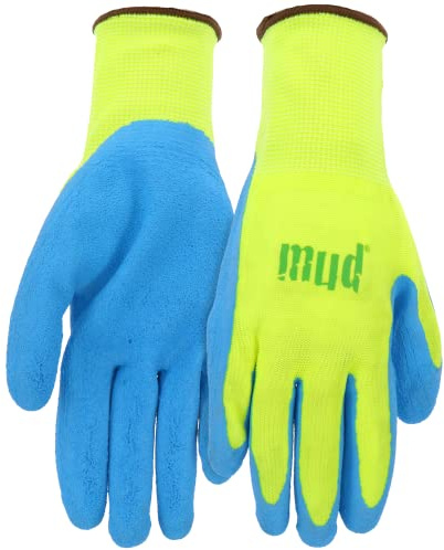 MUD Super Grip Latex Coated Palm Garden Work Gloves, Water Resistant, Polyester Knit Shell, Elastic Knit Wrist, Lime Green/Blue, Large (SM7187G/L)