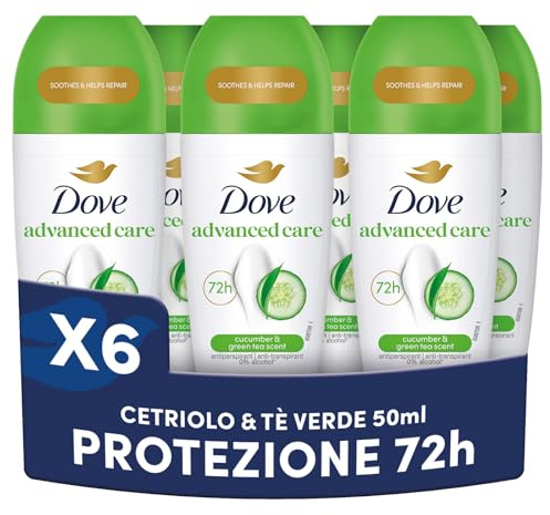 Dove, Deodorante Roll On Advanced Care Cetriolo e Tè Verde, Antitraspirante, Formula Delicata Con Tripla Azione Idratante, Protezione Fino a 48 Ore, Deodorante Uomo e Donna, 6 Pezzi da 50ml