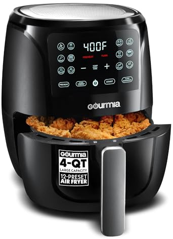 Gourmia Air Fryer - 4 Qt Capacity, FryForce360º, Digital Display with 8 Presets, Roast, Bake, Broil, Dehydrate, Dishwasher Safe Accessories, Compact, Black