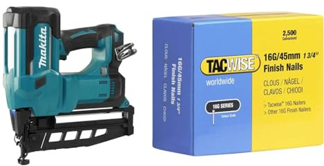 Makita DBN600Z Akku-Stauchkopfnagler 64 mm 18 V (ohne Akku, ohne Ladegerät) & Tacwise 0297 Typ 16G / 45 mm Verzinkte Nägel, Packung mit 2500 Stück, Silber, 45mm
