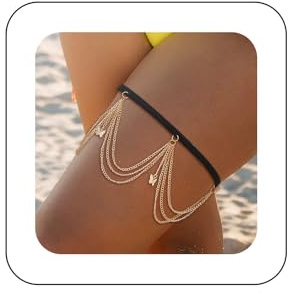 Cybche Boho Butterfly Layered Leg Chain Butterfly Tassel Thigh Chain Beach Bikini Body Chain Elastic Thigh Leg Chain Gold Multi Layer Thigh Chain Accessories for Women and Girls