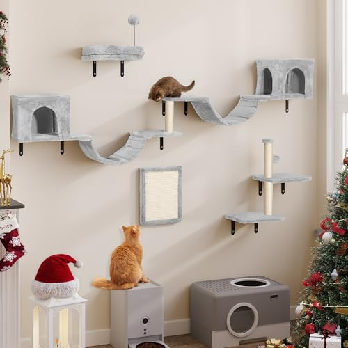 YITAHOME 8PCS Estante de Escalada para Gatos Montado en La Pared, Muebles de Pared de Madera para Gatos Árbol para Gatos con Postes Rascadores/Casa/Puente/Escaleras/Bola Colgante,Gris Claro