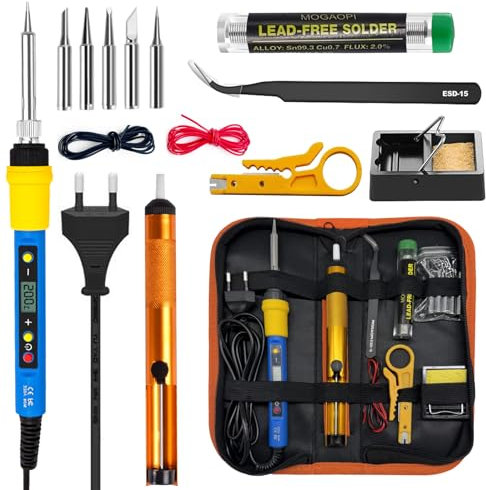 Lötkolben Set, 80W LCD Einstellbar Temperatur 180-500°C Lötkolben mit Ein/Aus Schalter, 8g Lötdraht, 5 Lötspitzen, Entlötpumpe, Lötkolbenständer, Pinzette, Lötset für Reparatur des Schweißens