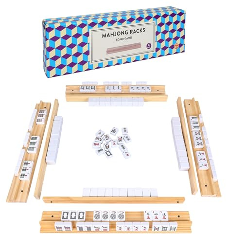 Offelec Upgraded Mahjong Racks with Pushers, Set of 4 Trays for American Mahjong Games, Wooden Holders for Mahjong, Mexican Train, Dominoes (Includes Magnetically Attached Mahjong Pushers)