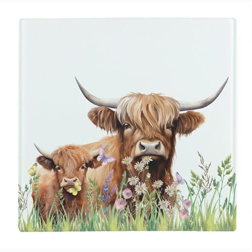 Highland Cow Square Glass Worktop Protector - Mum Cow & Calf Countryside Gift/Present - Smooth Kitchen Chopping/Cutting Board Worktop Saver with Non-Slip Feet 30cm x 30cm (12 x 12)