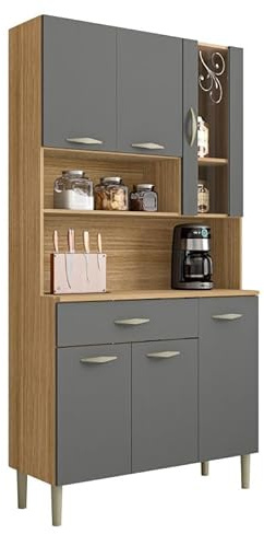 ACTUAL DIFFUSION Buffet de Cuisine 6 Portes 1 Tiroir Chêne et Gris L 90.9 H 173.5 P 36.3 cm