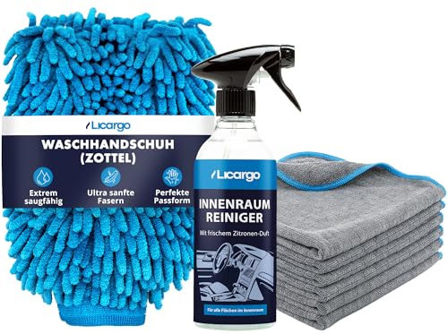LICARGO Innenraum Set + Waschhandschuh - 1x Zottel-Waschhandschuh Auto - 1x ph-neutraler Innenraumreiniger (500ml) - 6X Lackschonende Mikrofasertücher mit 380 GSM - schonendes Innenraum Set